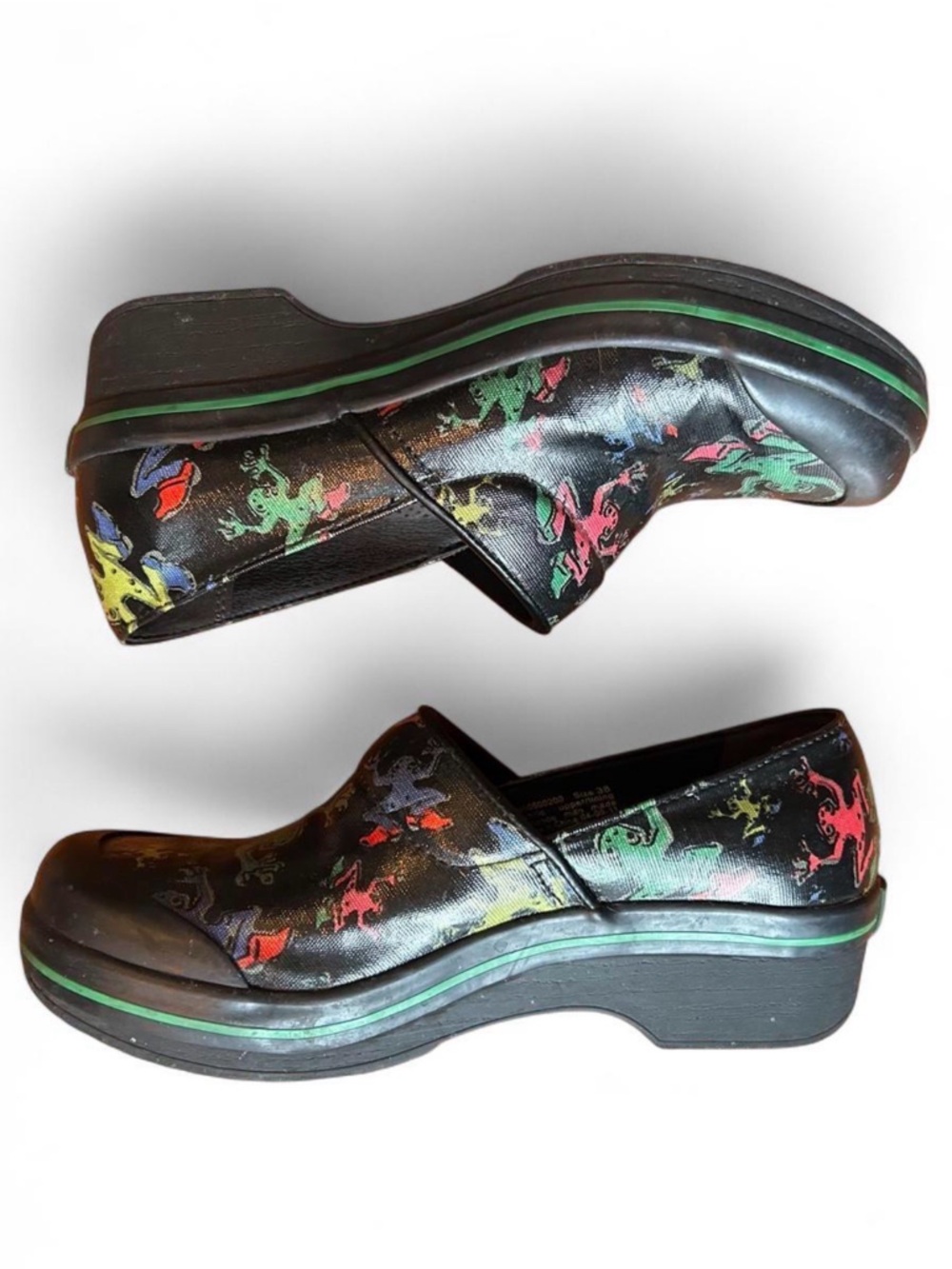 Dansko Black Green Frog Print Non-Slip Work Clog Shoes | Size EU 37 / US 6.5-7